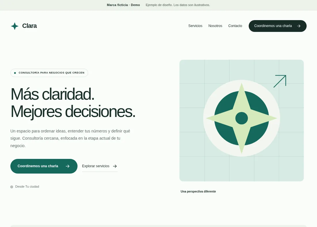 Página Clara: diseño limpio, tonos verdes y una propuesta de consultoría